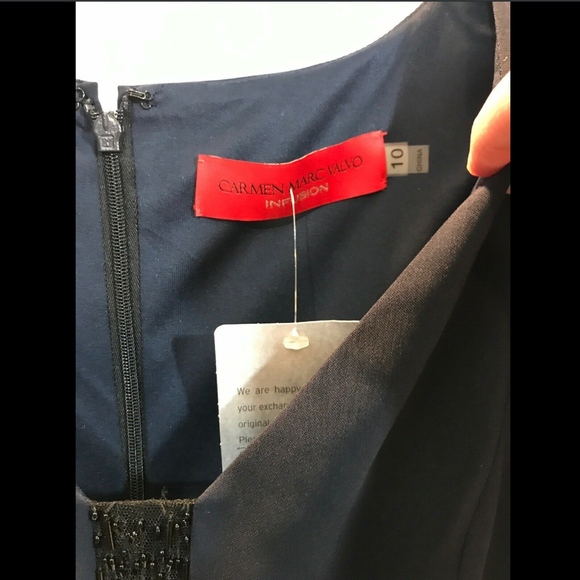 NEW $480 Carmen Marc Valvo Draped & Beaded‎ Gown in Midnight Blue [SZ 10 ] - Picture 5 of 8